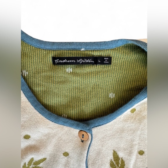 Gudrun Sjoden Long Cardigan Floral Organic Cotton Green Beige Large - Picture 3 of 4